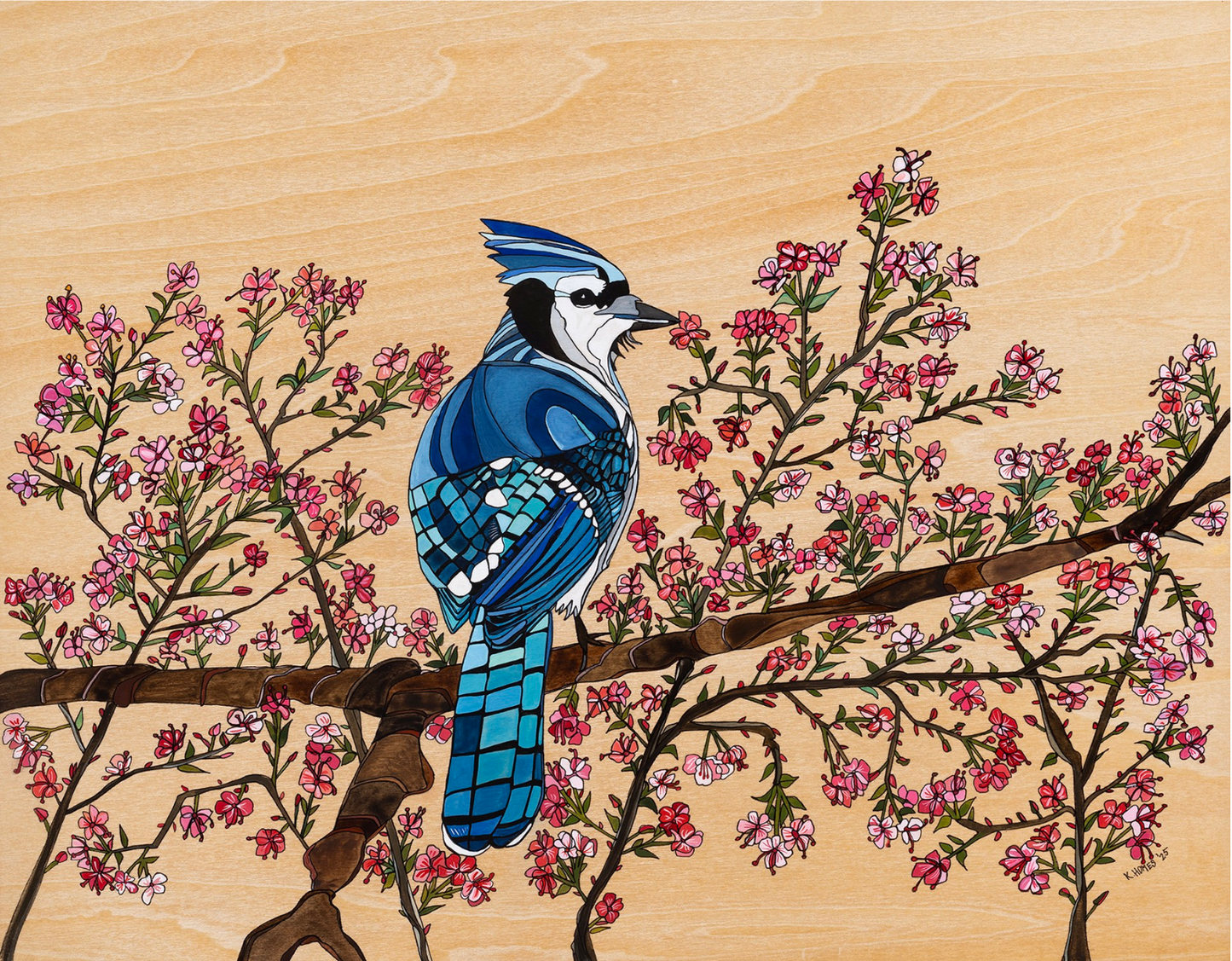 Blue Jay and Cherry Blossom tree original painting by katherine homes for sale 