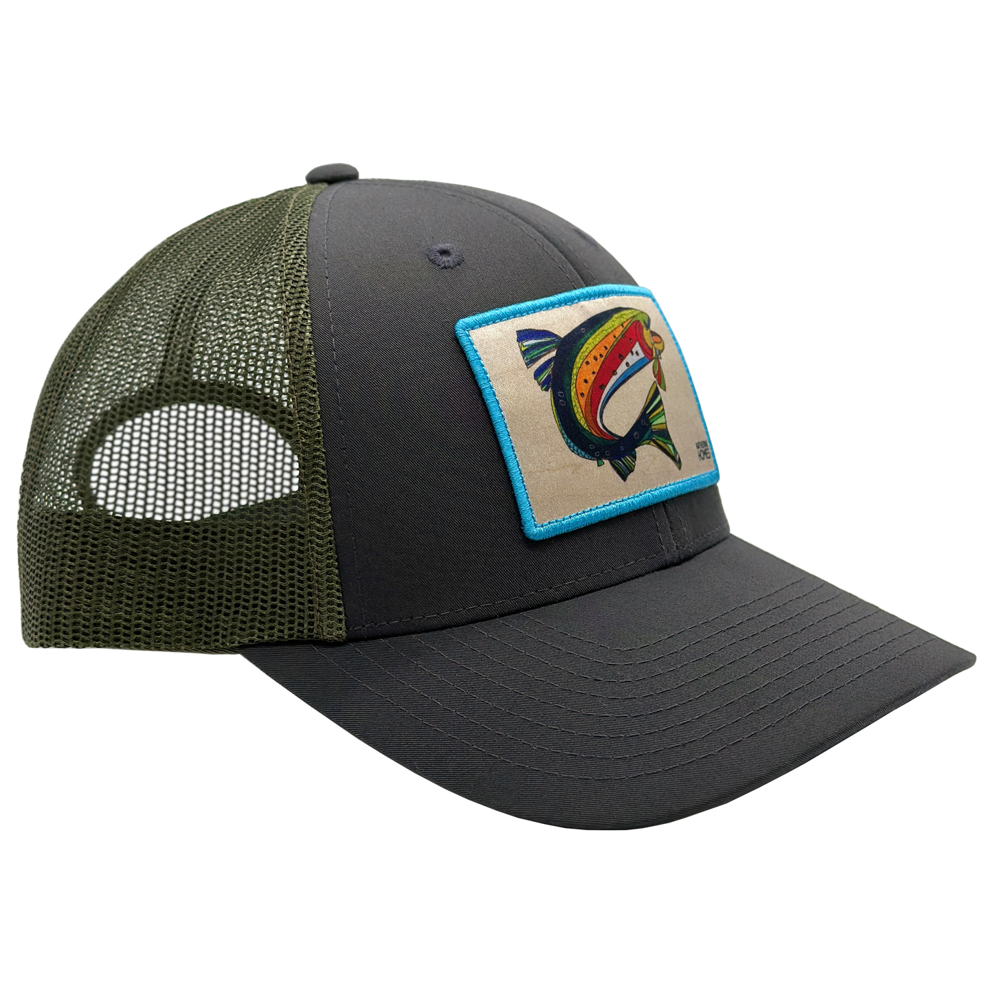 Katherine Homes patch hat, Colorado cutthroat trout, fish, fishing, ball cap, gray, moss green