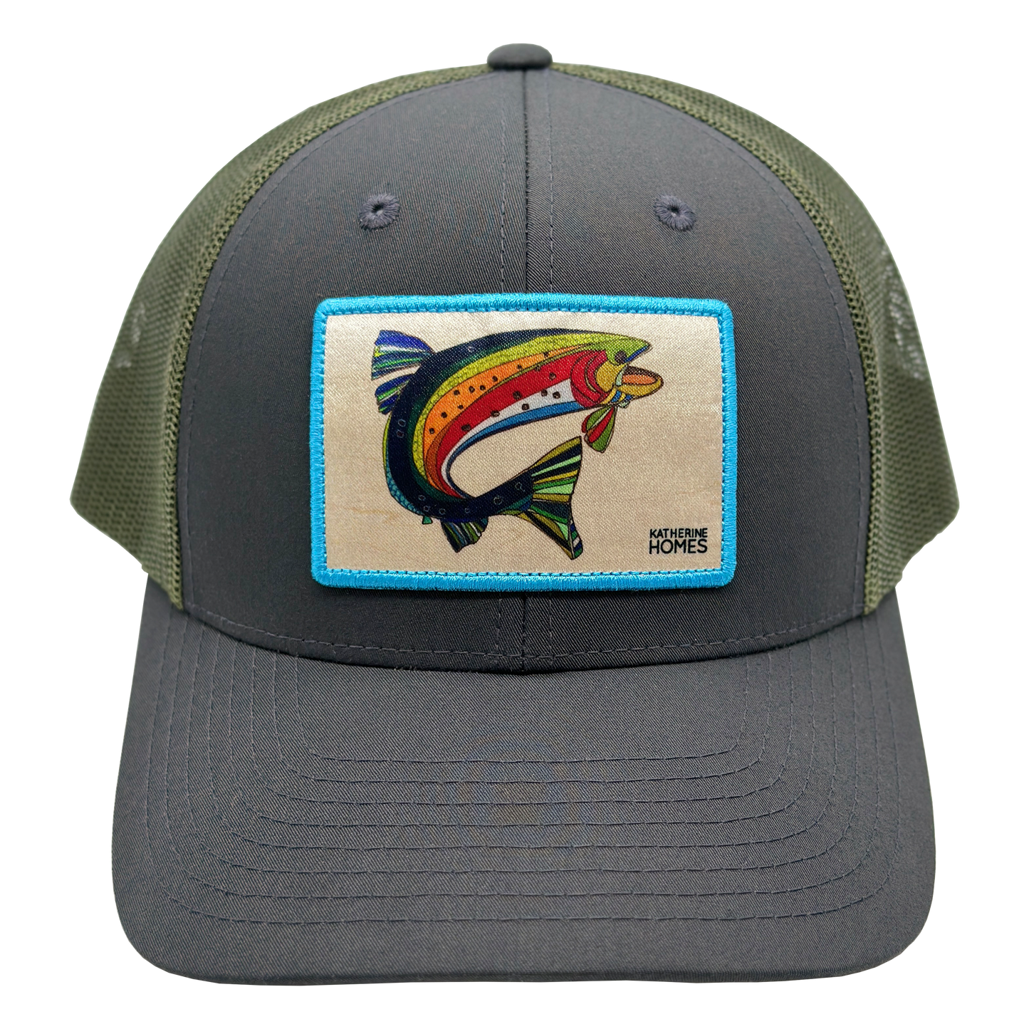 A moss green and grey baseball hat with a patch on the front featuring a Colorado cutthroat trout, baseball hat, men's hat