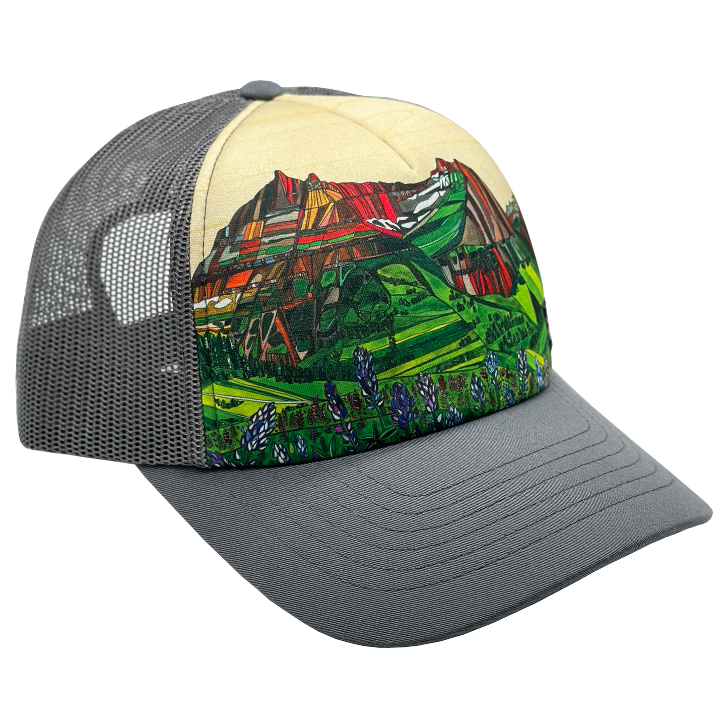 Glacier National Park Trucker  Hat Baseball Cap Recycled Fabrics Hat by artist  Katherine Homes, mesh, men's, unisex, activity hat, sun protection