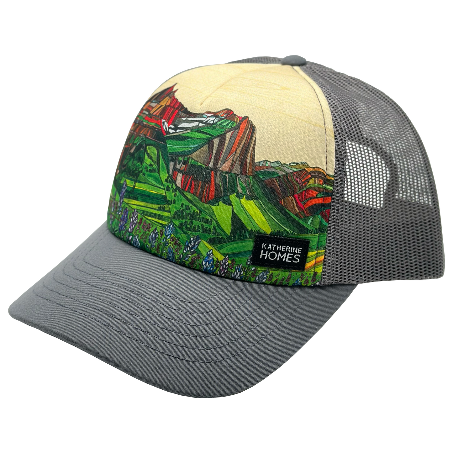 Glacier National Park Trucker  Hat Baseball Cap Recycled Fabrics Hat by artist  Katherine Homes