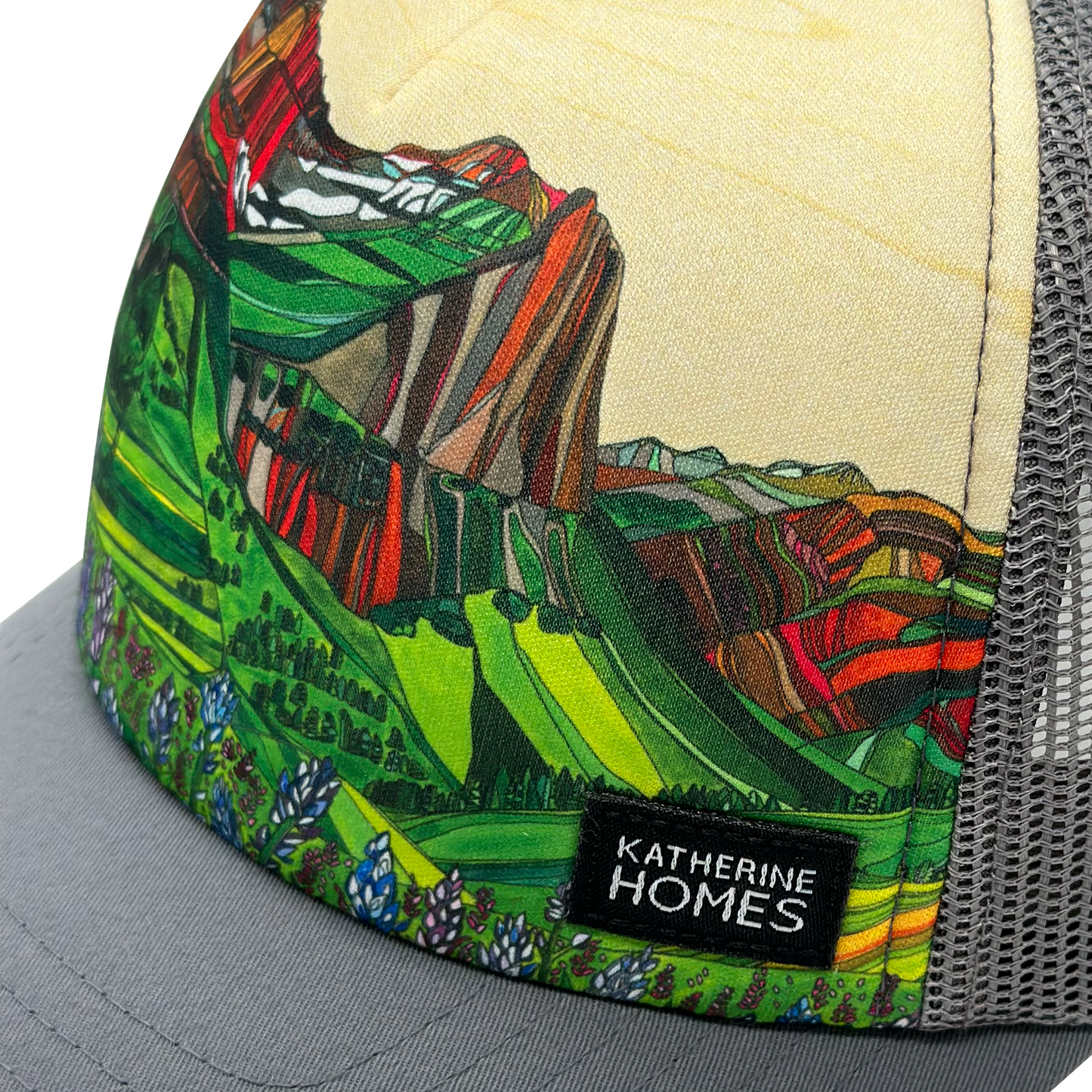 Glacier National Park Trucker  Hat Baseball Cap Recycled Fabrics Hat by artist  Katherine Homes