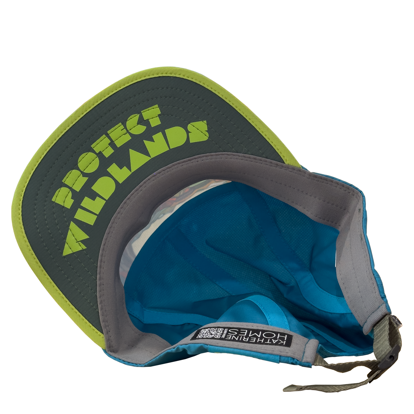 Katherine Homes Trio of Summits Hat, view under brim, Protect Wildlands, colorful, lightweight, packable, breathable, UPF 50+