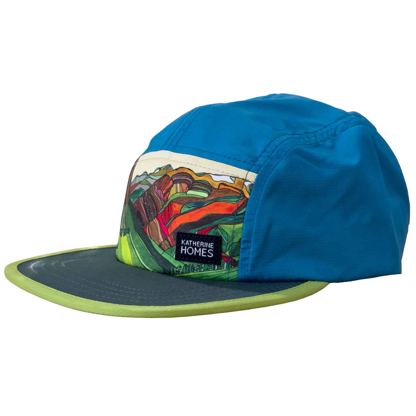 5 panel lightweight running hat by Katherine Homes, Trio of Summits, Glacier National Park, artwork, watercolor, travel hat