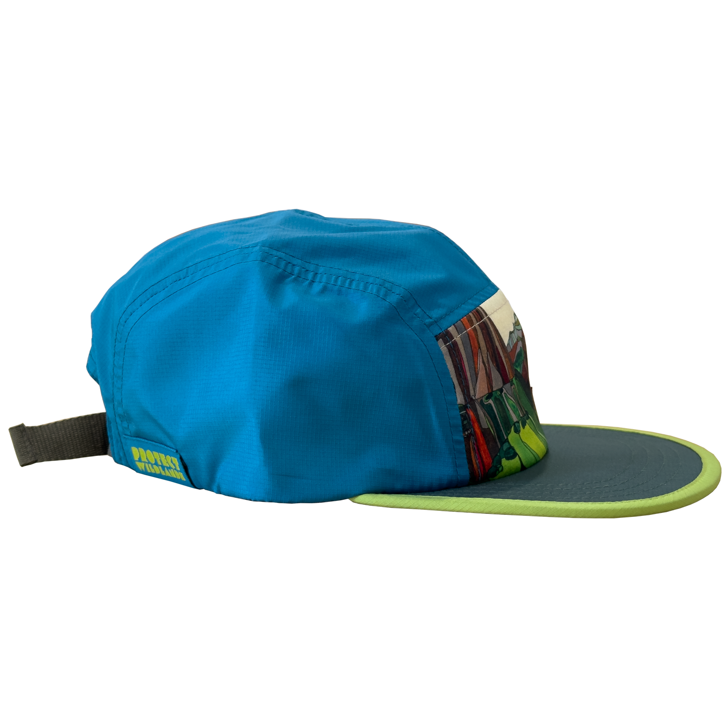 Bright blue running hat, travel, UPF 50+, packable, lightweight, Katherine Homes artist, Trio of Summits
