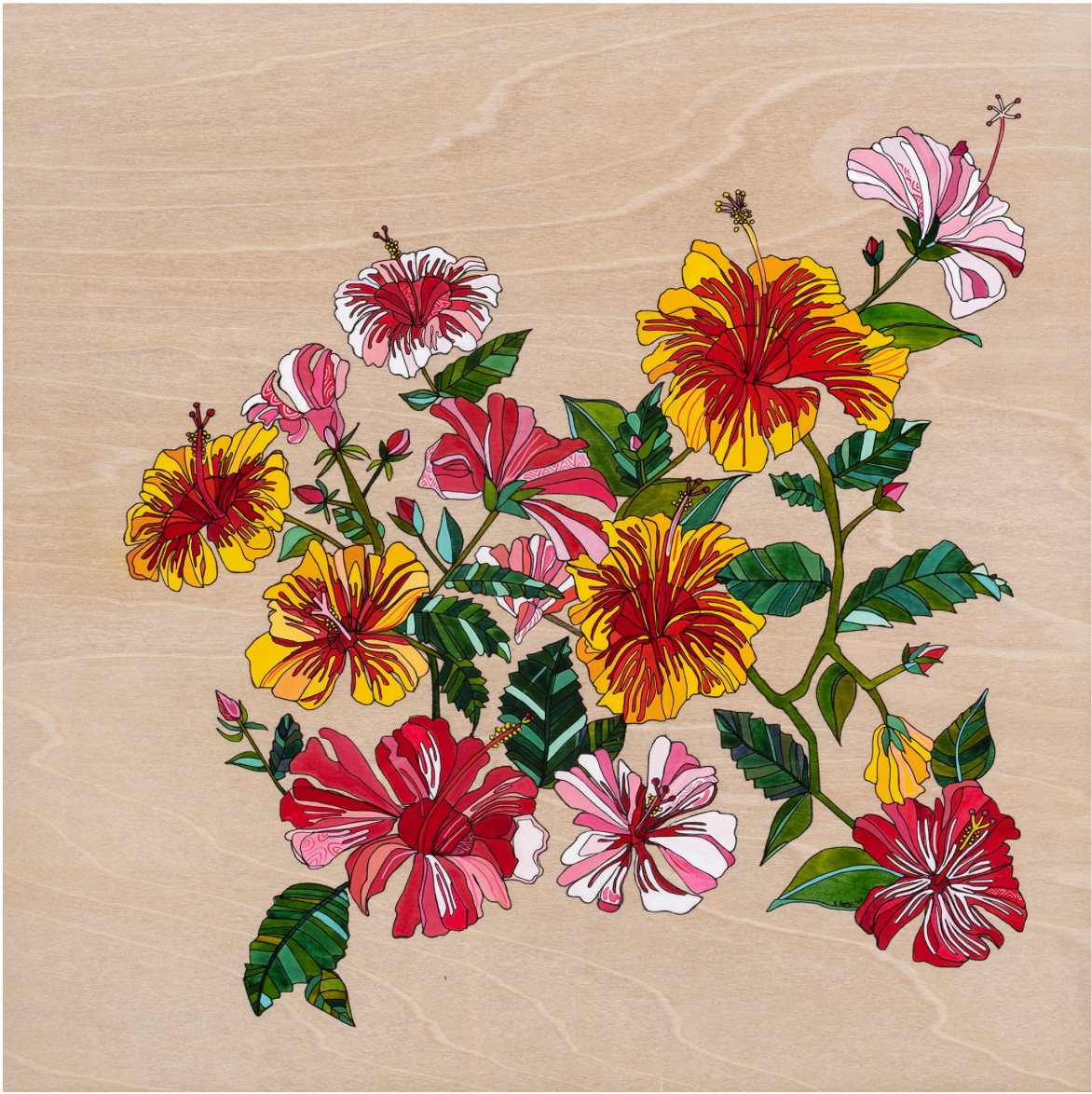 Hibiscus flower original painting watercolor on wood by Katherine Homes