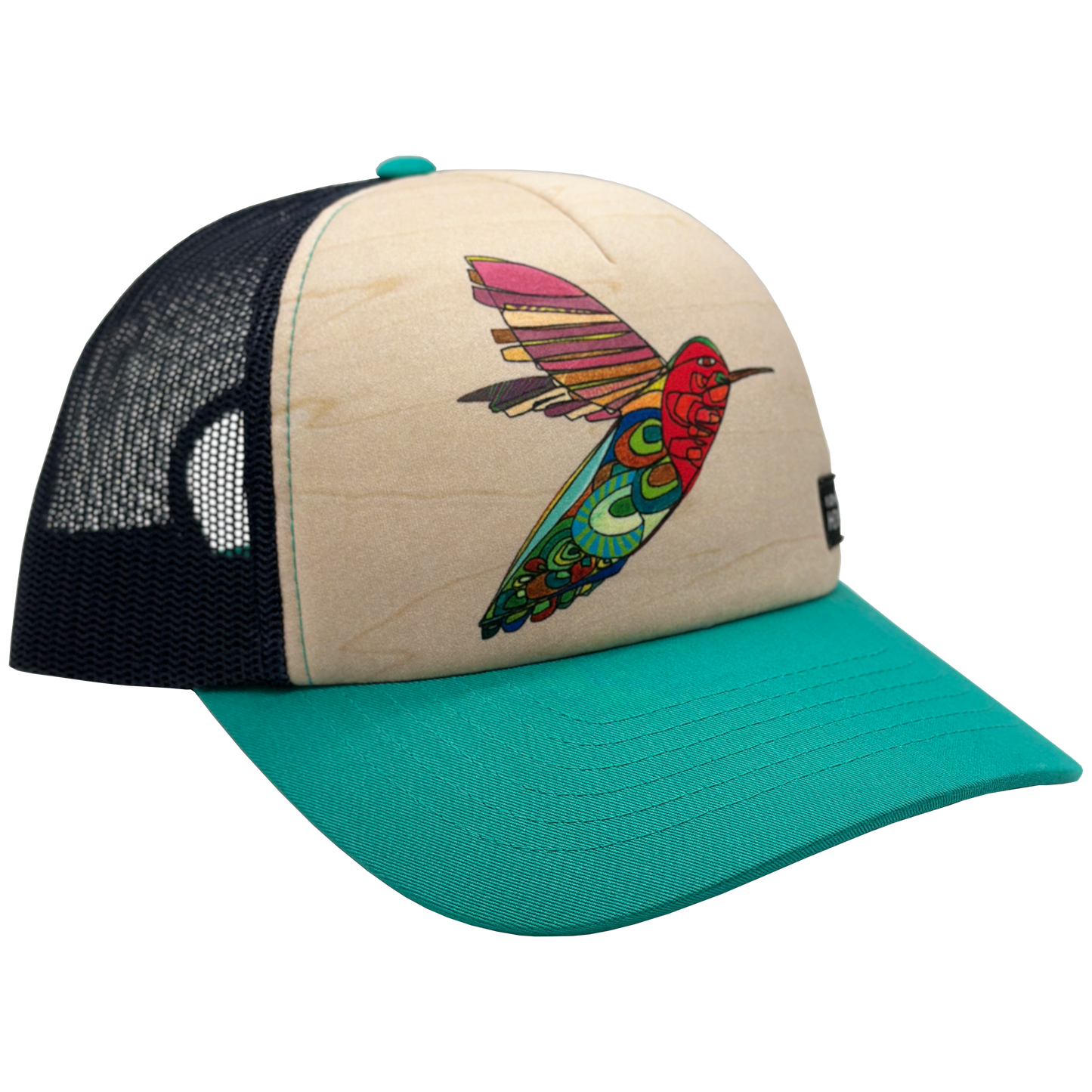 Threatened Ruby Throated Humming Bird Trucker  Hat Baseball Cap Recycled Fabrics Hat by artist  Katherine Homes, birds, beauty, colorful, functional wearable art