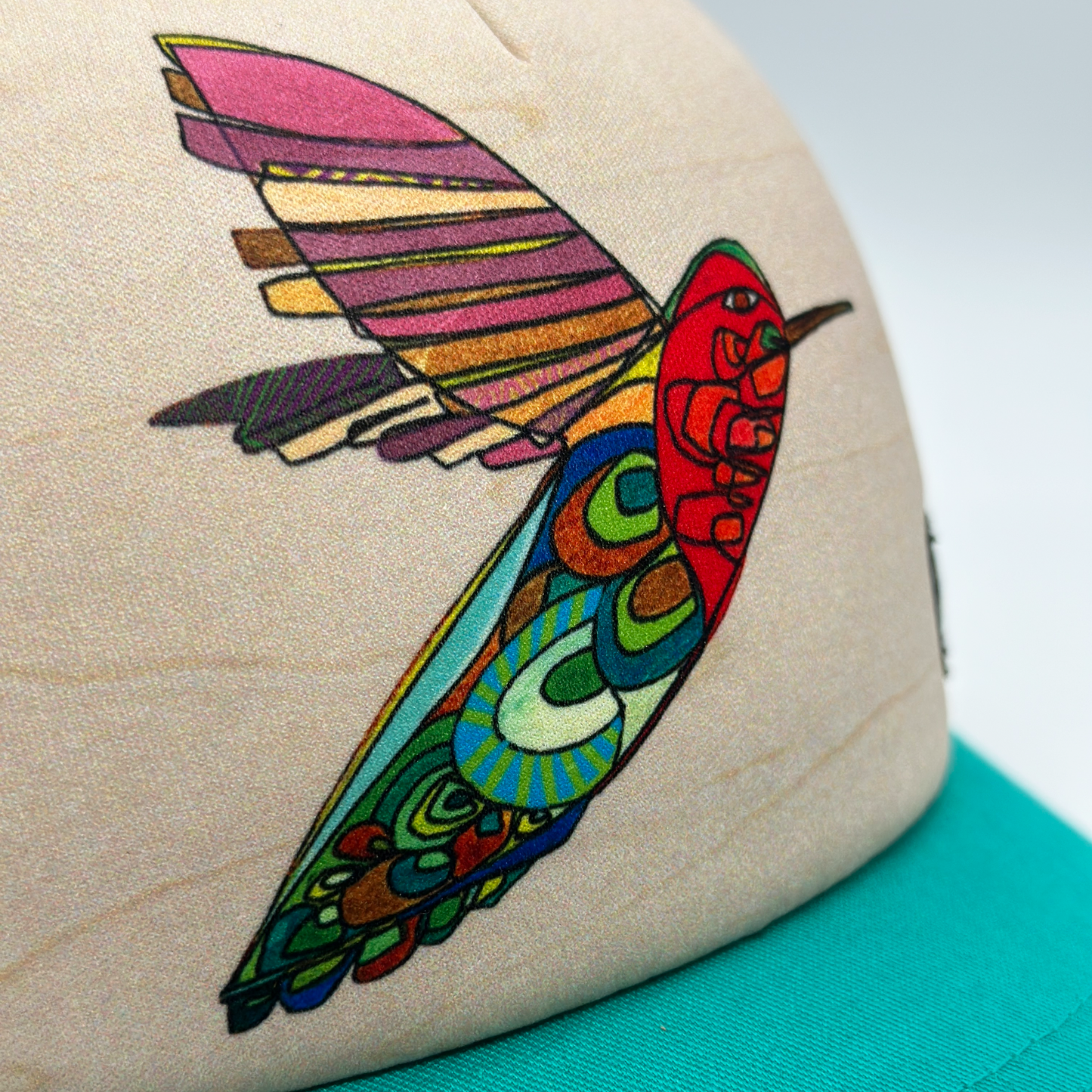 Threatened Ruby Throated Humming Bird Trucker  Hat Baseball Cap Recycled Fabrics Hat by artist  Katherine Homes, wildlife conservation, birds, colorful, animal art