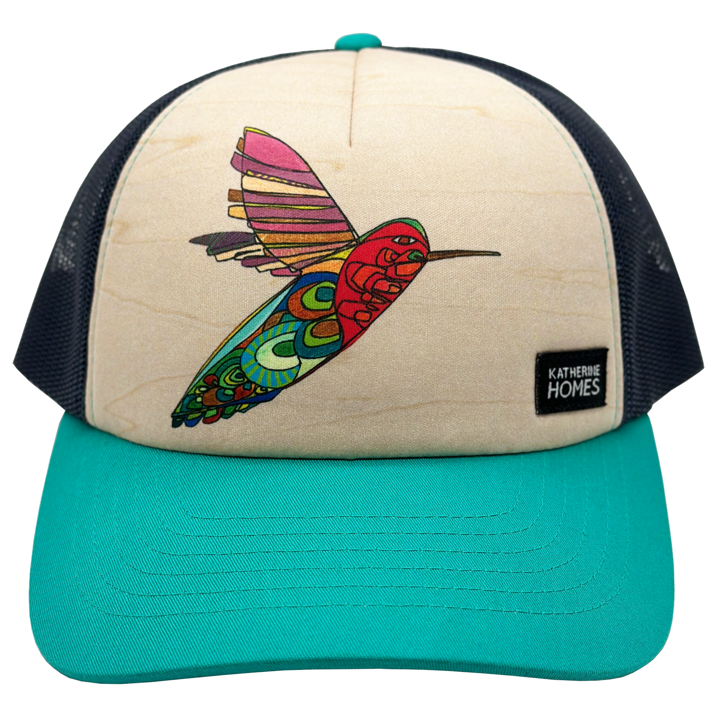 Threatened Ruby Throated Humming Bird Trucker  Hat Baseball Cap Recycled Fabrics Hat by artist  Katherine Homes