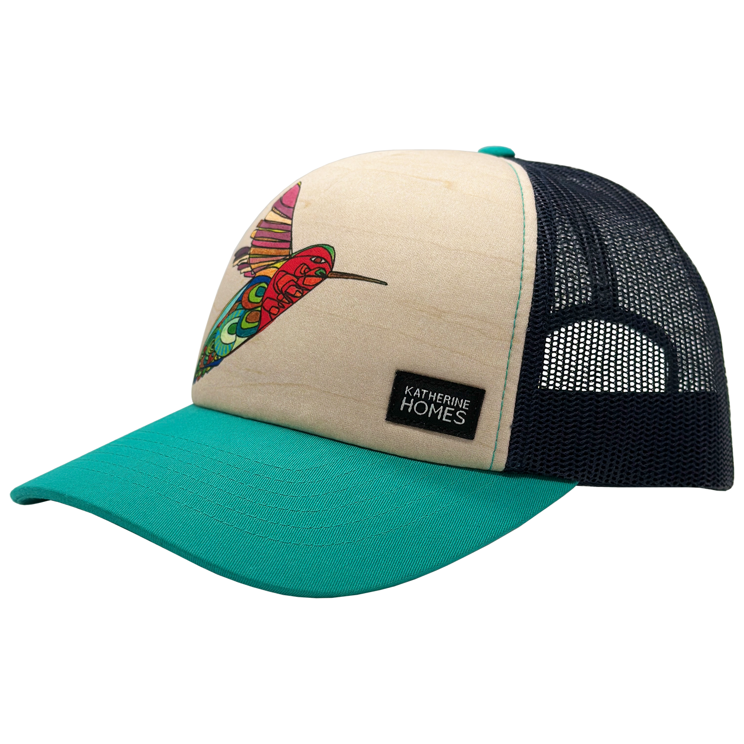 Threatened Ruby Throated Humming Bird Trucker  Hat Baseball Cap Recycled Fabrics Hat by artist  Katherine Homes, navy mesh, teal brim, unisex, adjustable