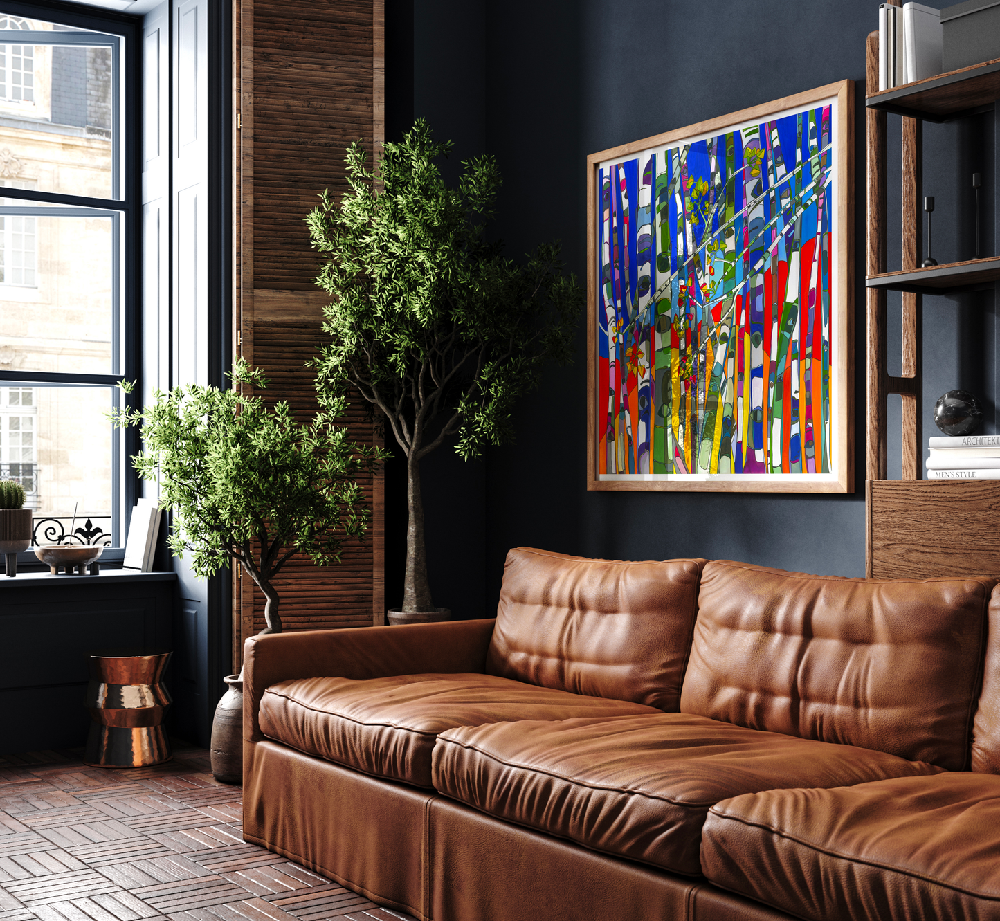 Framed abstract painting, Kebler Pass Blue, painter Katherine Homes, home decor, fine art, poster, print, giclee, colorful, forest, trees
