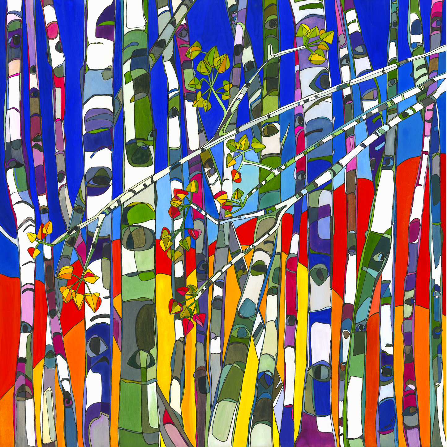 Colorful abstract forest, aspen trees, tree, fall colors, autumn, contemporary art, watercolor, painting, giclee