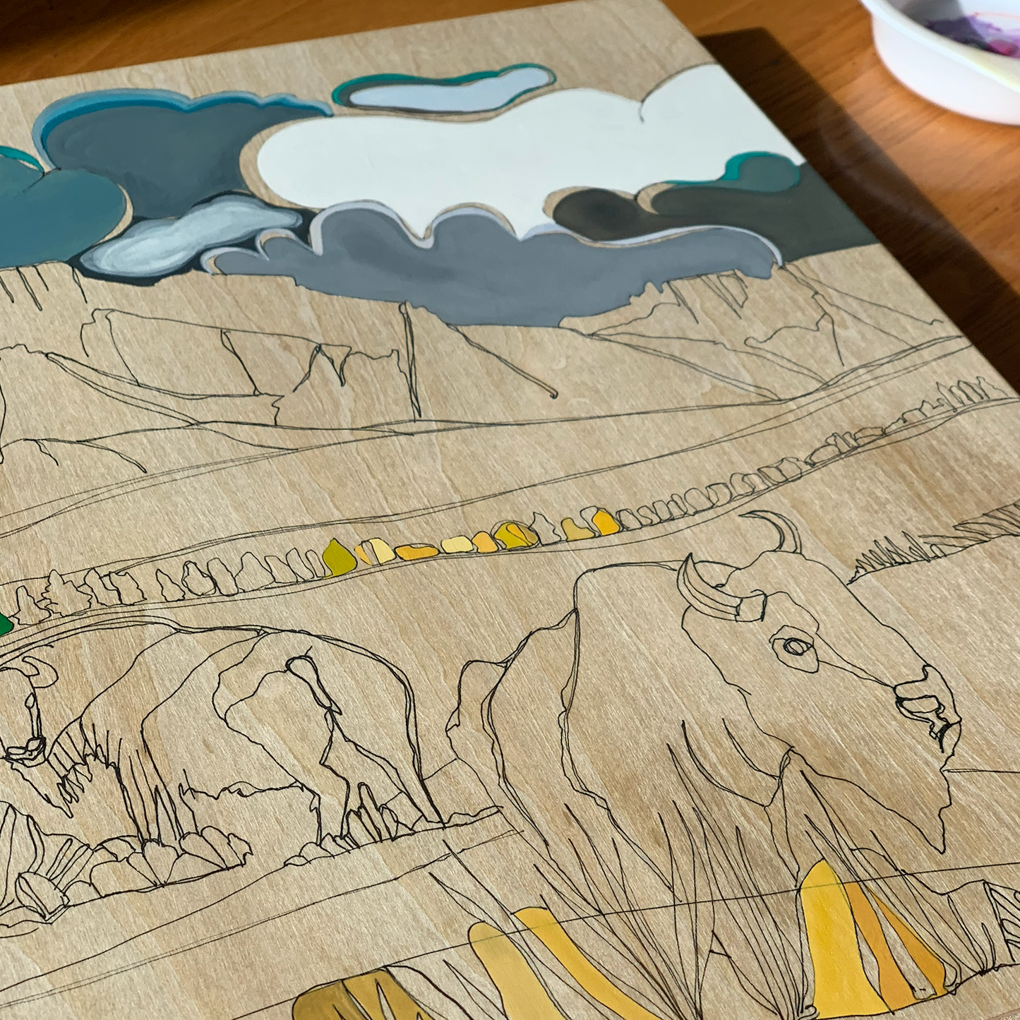 American Bison and Teton Mountains Painting by Katherine Homes, nature, bison, watercolor, ink, painting