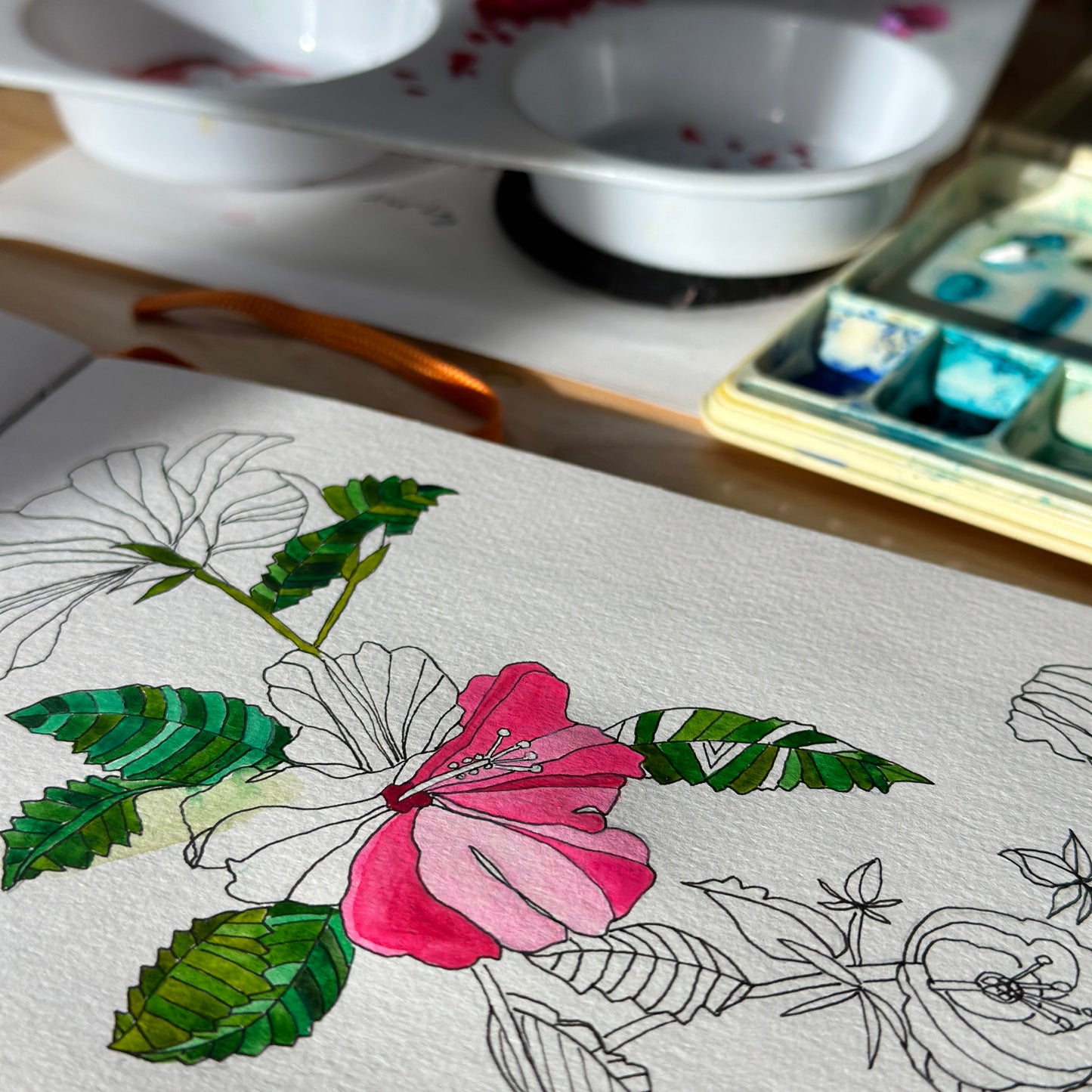 Hibiscus Painting and sketch by artist Katherine Homes, watercolor, original art, fine art print, giclee, reproduction, beauty, nature