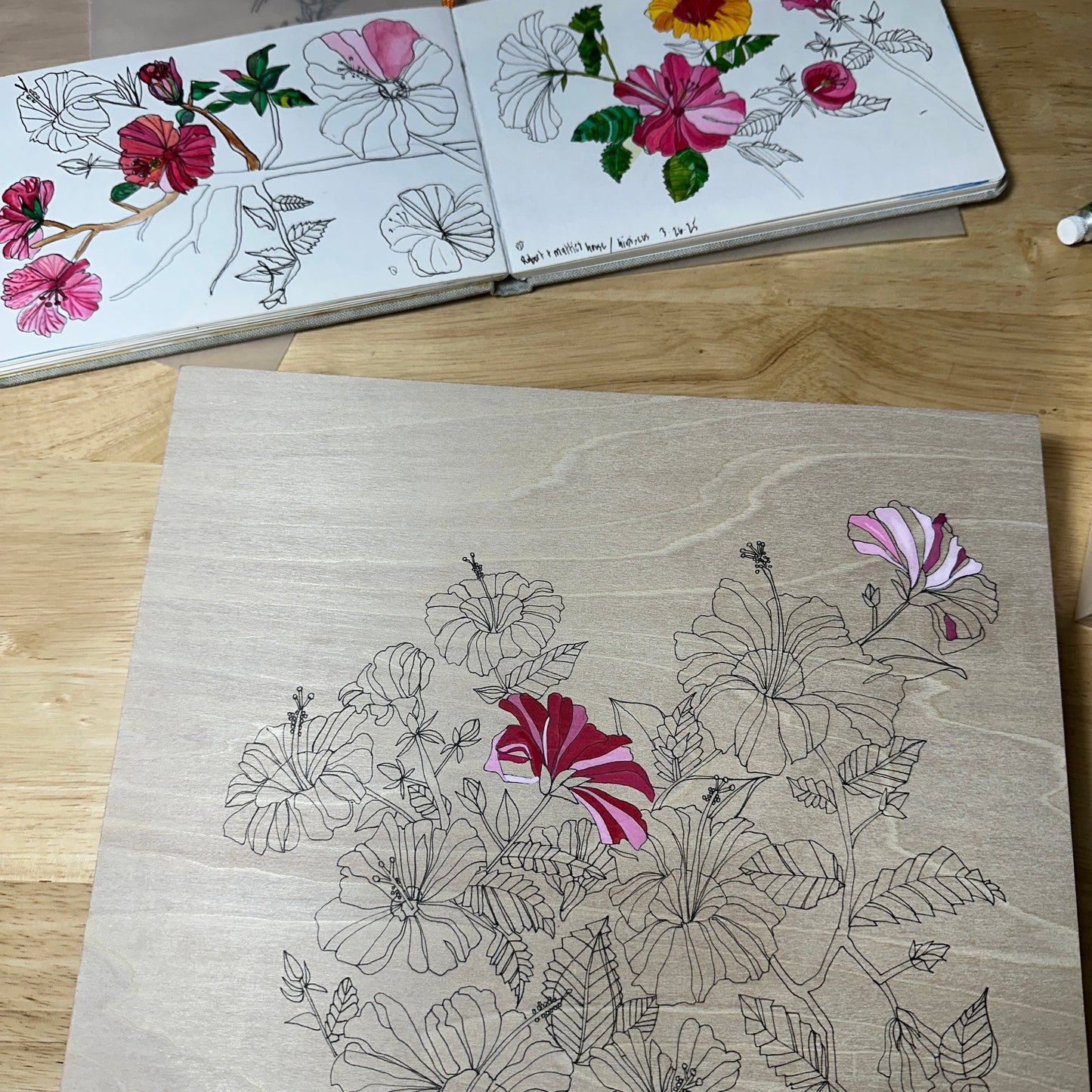 Hibiscus Painting and sketch  by artist Katherine Homes, ink, watercolor, drawing, painting, functional art