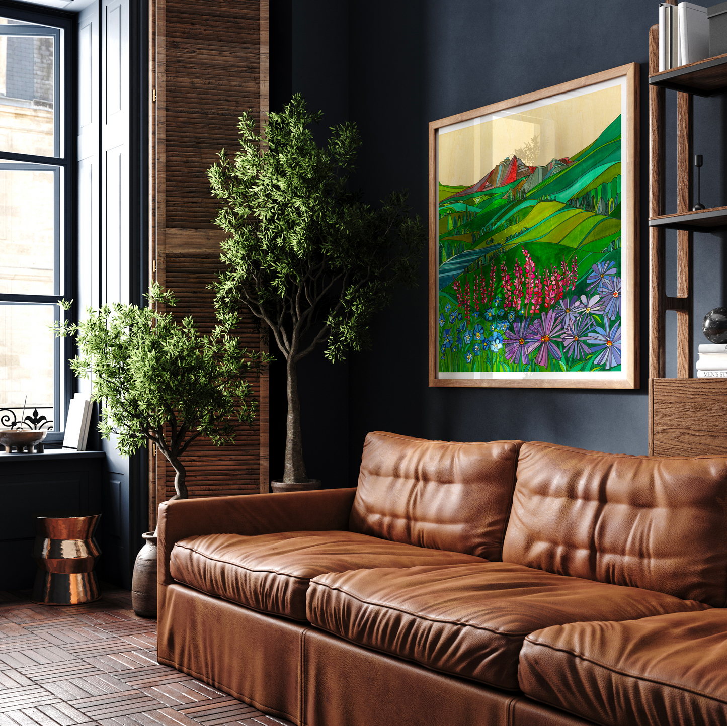 Katherine Homes Maroon Bells framed interior print, giclee, high quality reproduction, landscape, wildflowers, summer, lupine, columbine, aster