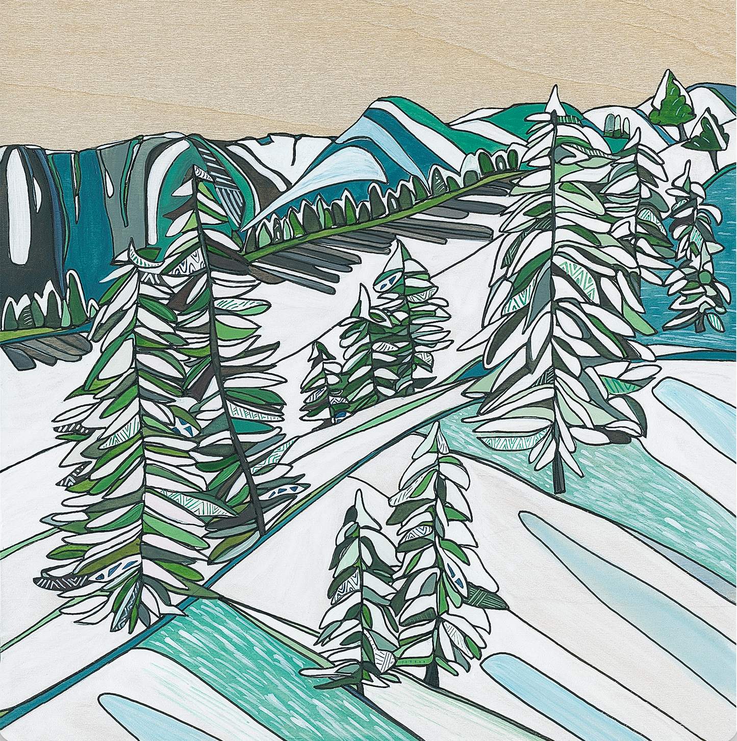Original winter painting, "Silent Winter Forests" by artist Katherine Homes, watercolor on birch, Colorado artist, painter, hat design