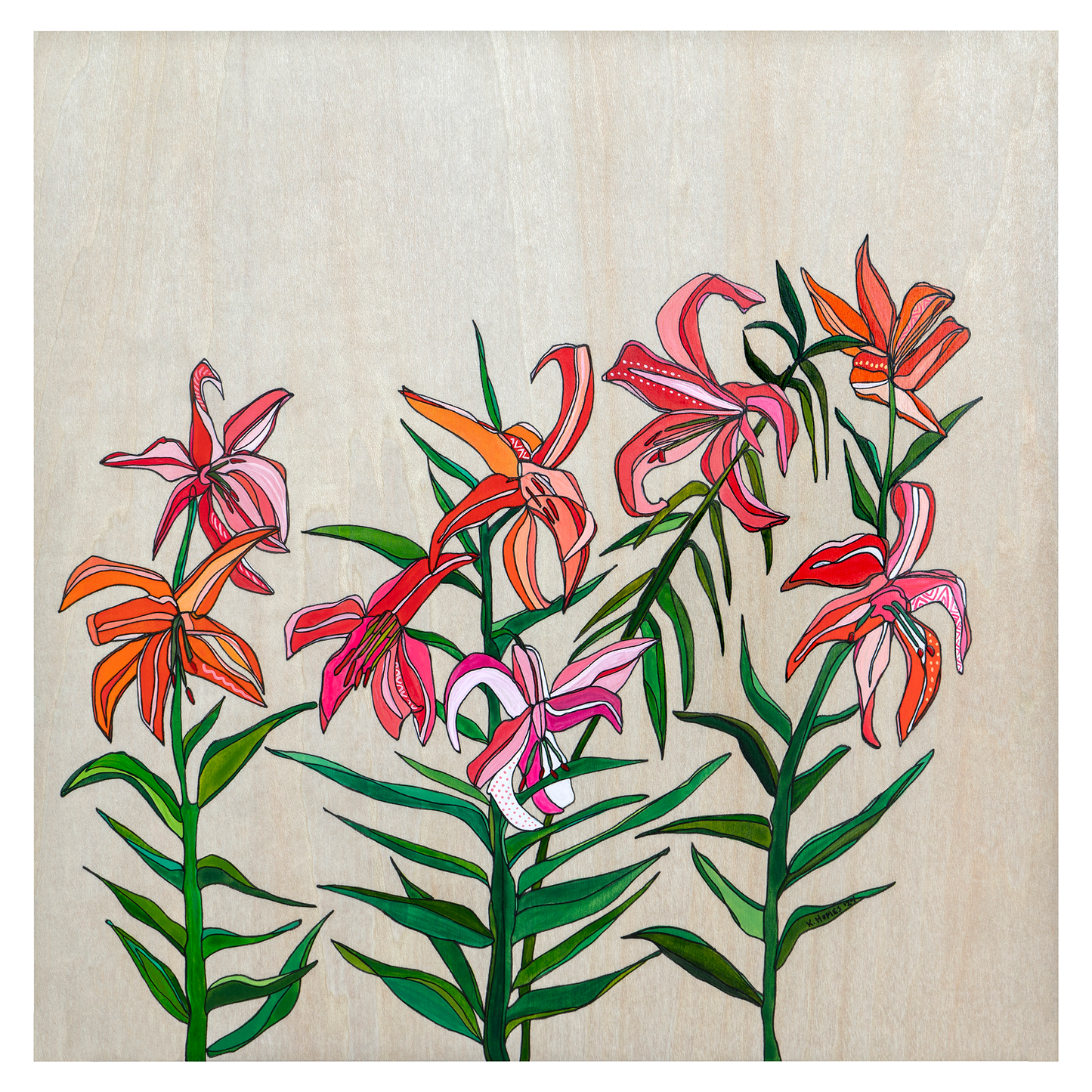 Colorful floral design on a wooden panel, Katherine Homes, lilies, wildflowers, pollinator