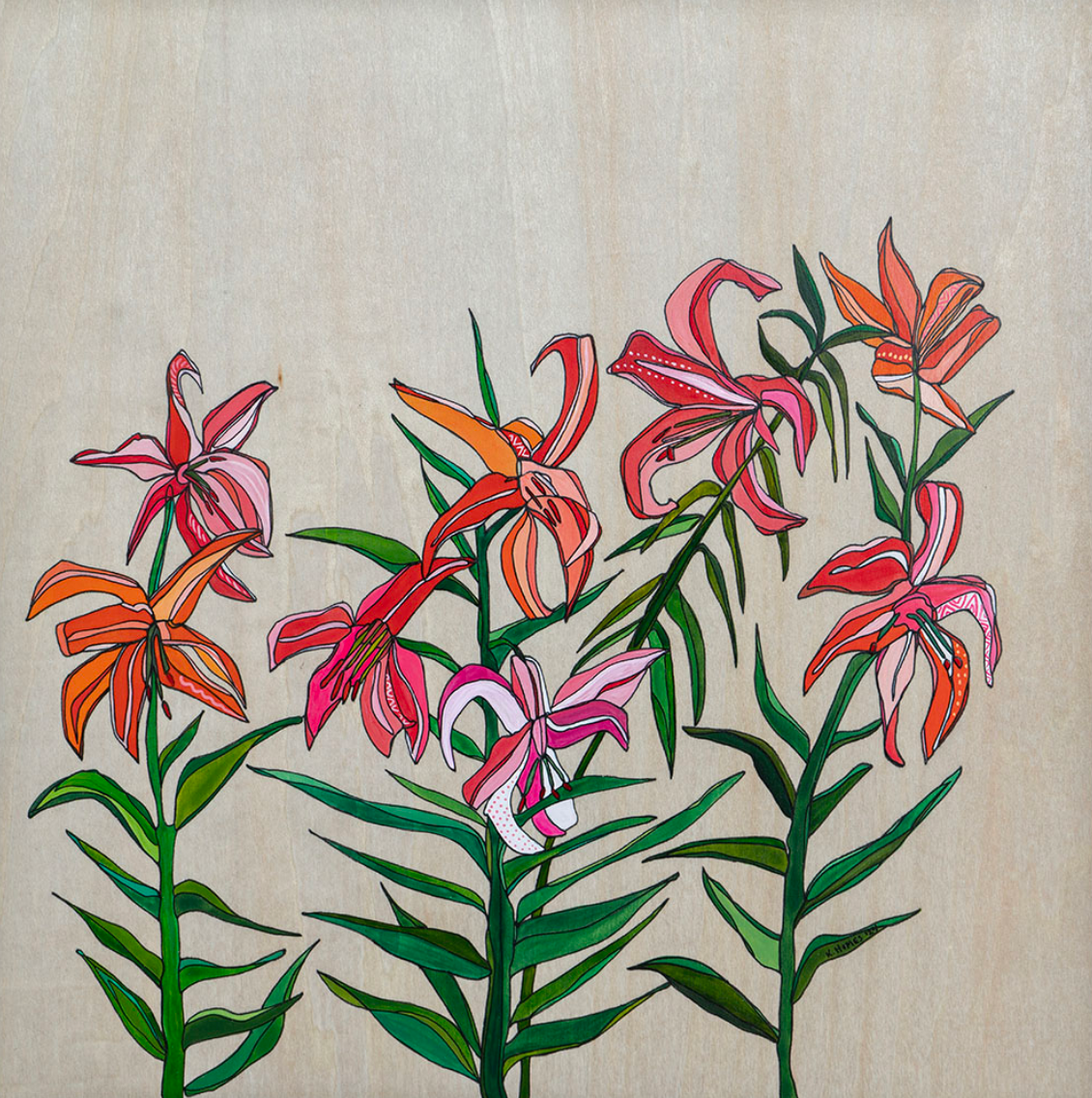 Lily Flowers painting original watercolor on wood by katherine homes