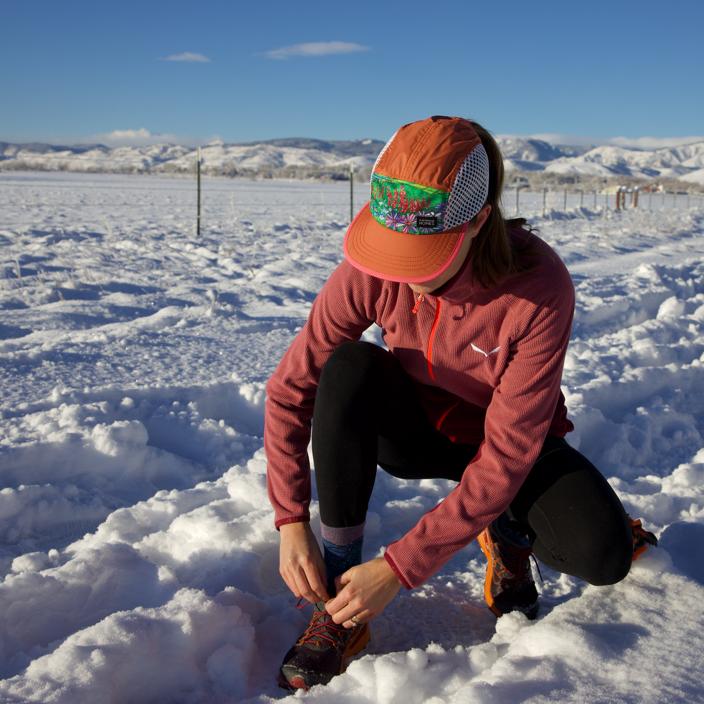 Running Hat, Baseball Hat, Travel, Maroon Bells, White and Orange, breathable, Adjustable Strap by Katherine Homes 