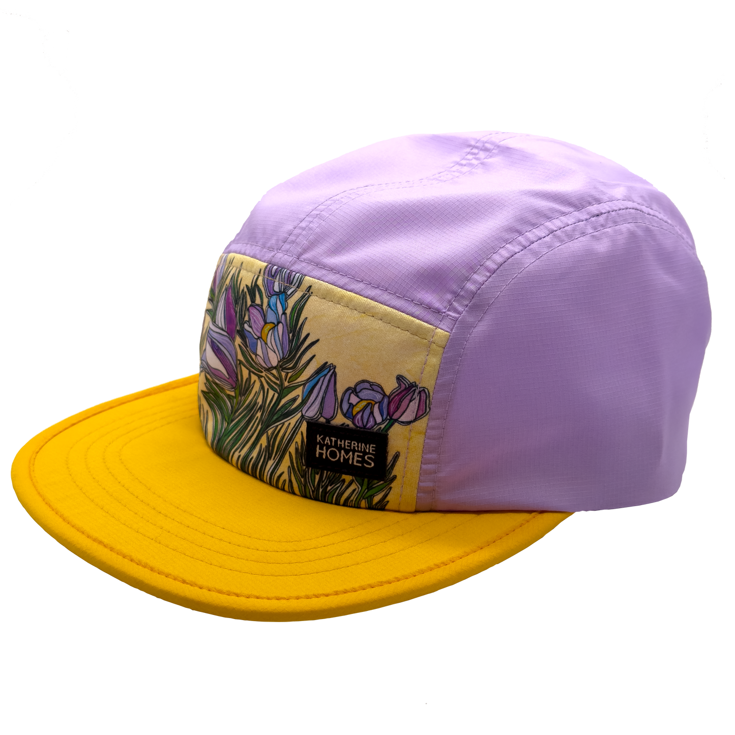 Side of Running Hat, Sun Protection, Pasque Flowers, Lilac, Purple, Yellow,  Baseball Cap adjustable strap by Katherine Homes