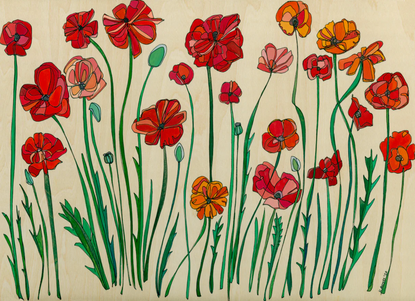 red and orange poppies, Katherine Homes, original painting, watercolor and ink on birch