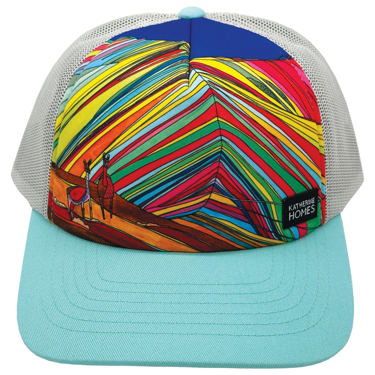 Rainbow Mountains and Alpacas Trucker  Hat Baseball Cap Recycled Fabrics mesh adjustable Hat by artist  Katherine, Homes, colorful, fun colors, design