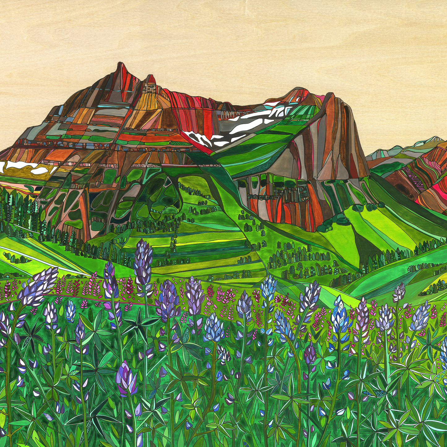 Katherine Homes artist, original artwork, watercolor, Trio of Summits, Glacier National Park, Wildflowers, Lupine, Beauty, Nature, Color