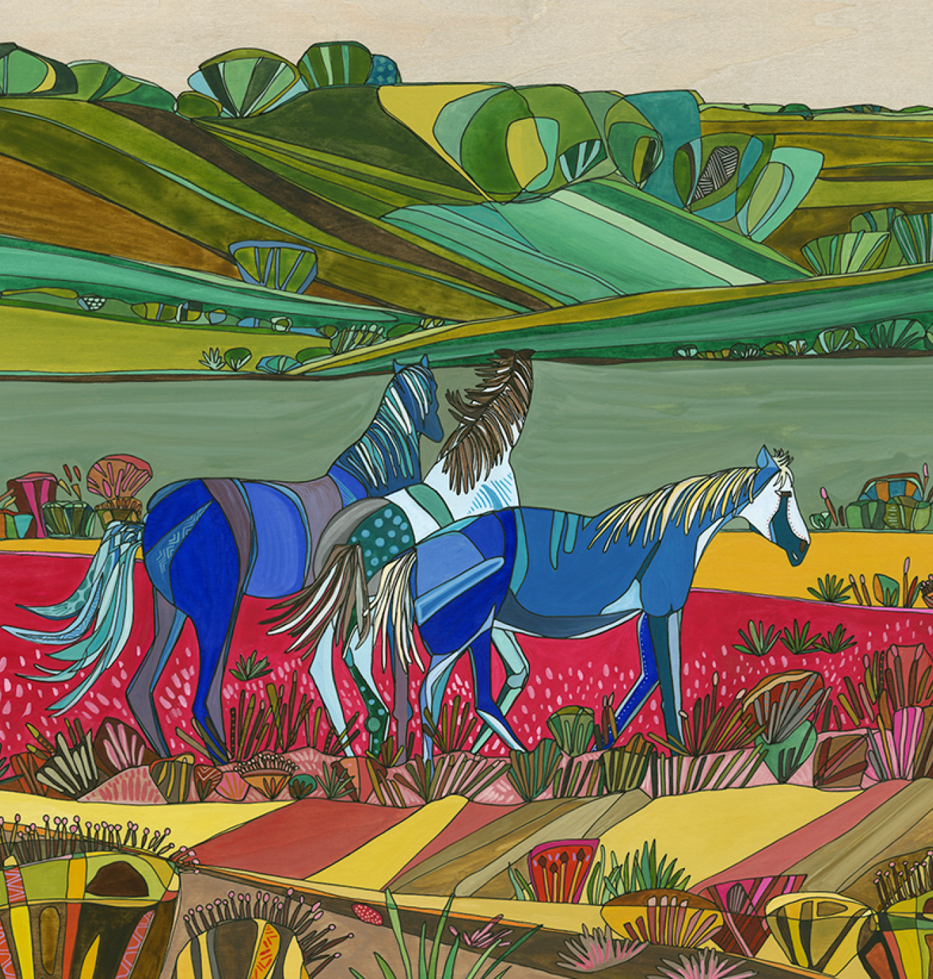 Wild Horses original watercolor painting by Katherine Homes, ink and watercolor on birch