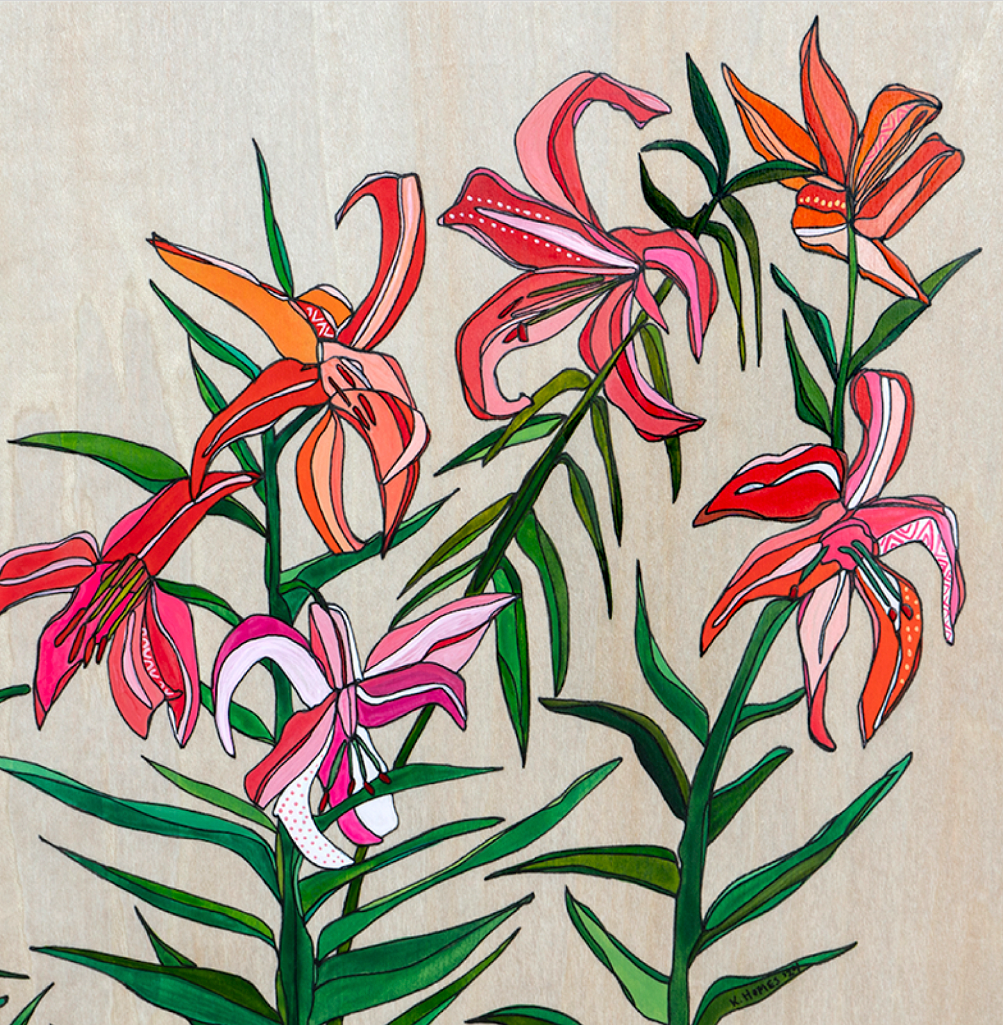 Threatened Lilies Original Watercolor painting by Katherine Homes, ink and watercolor on birch, flowers, beauty, design