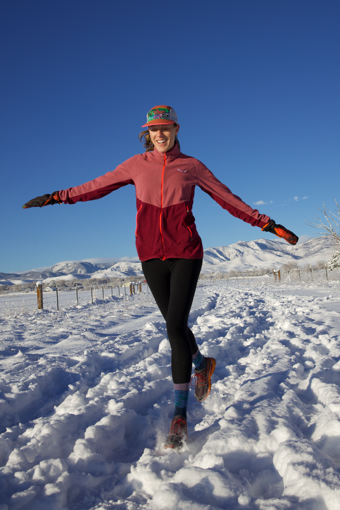 Woman in Running Hat, Baseball Hat, Travel, Maroon Bells, White and Orange, breathable, Adjustable Strap by Katherine Homes 