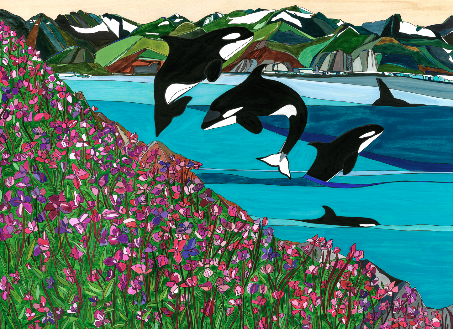 Wild Orcas San Juan Islands painting by artist  Katherine Homes, watercolor, whale painting, killer whales, Alaska, wildflowers