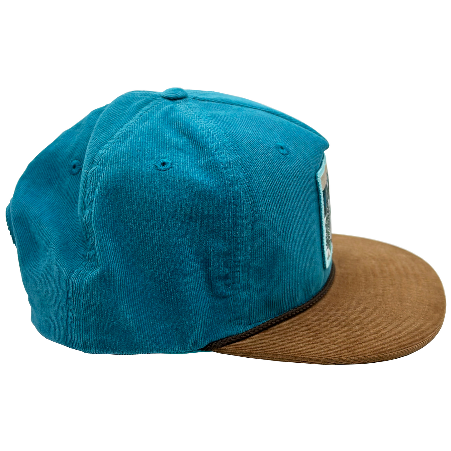 Blue and brown corduroy hat with snowy trees patch, Katherine Homes artist hat, snowpack, low profile