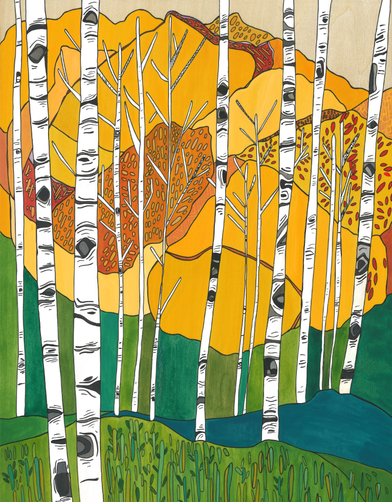 Aspen Trees Print by Katherine Homes, trees, landscape, fall colors, autumn, nature, watercolor