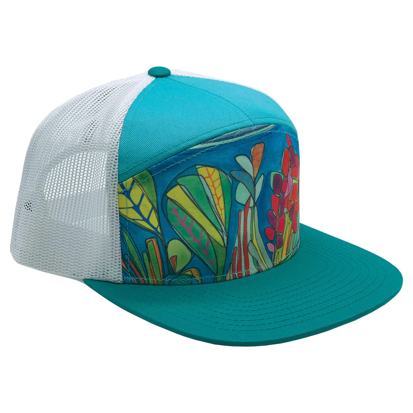 Katherine Homes Coral Reef 7 panel hat, flat brim, blue and teal, white recycled mesh, conservation, ocean, functional art
