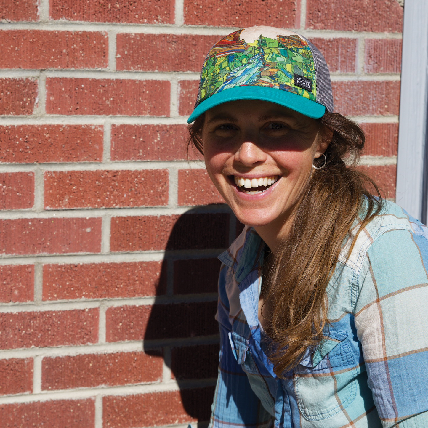 Foam trucker hat, Katherine Homes, mesh, turquoise, original art, functional art, wearable, sun protection