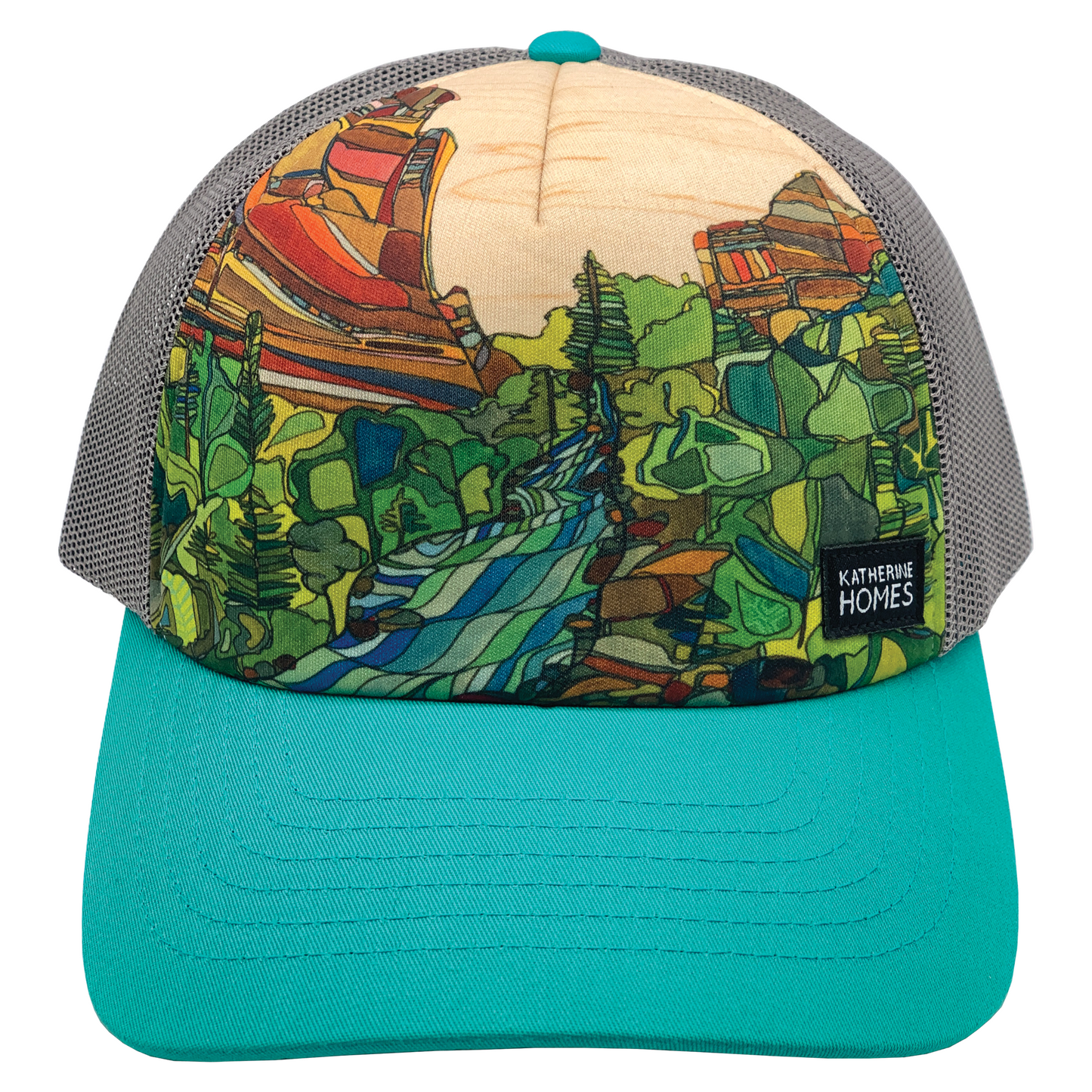 Trucker hat with a geometric pattern featuring Eldorado Canyon in turquoise and gray colors