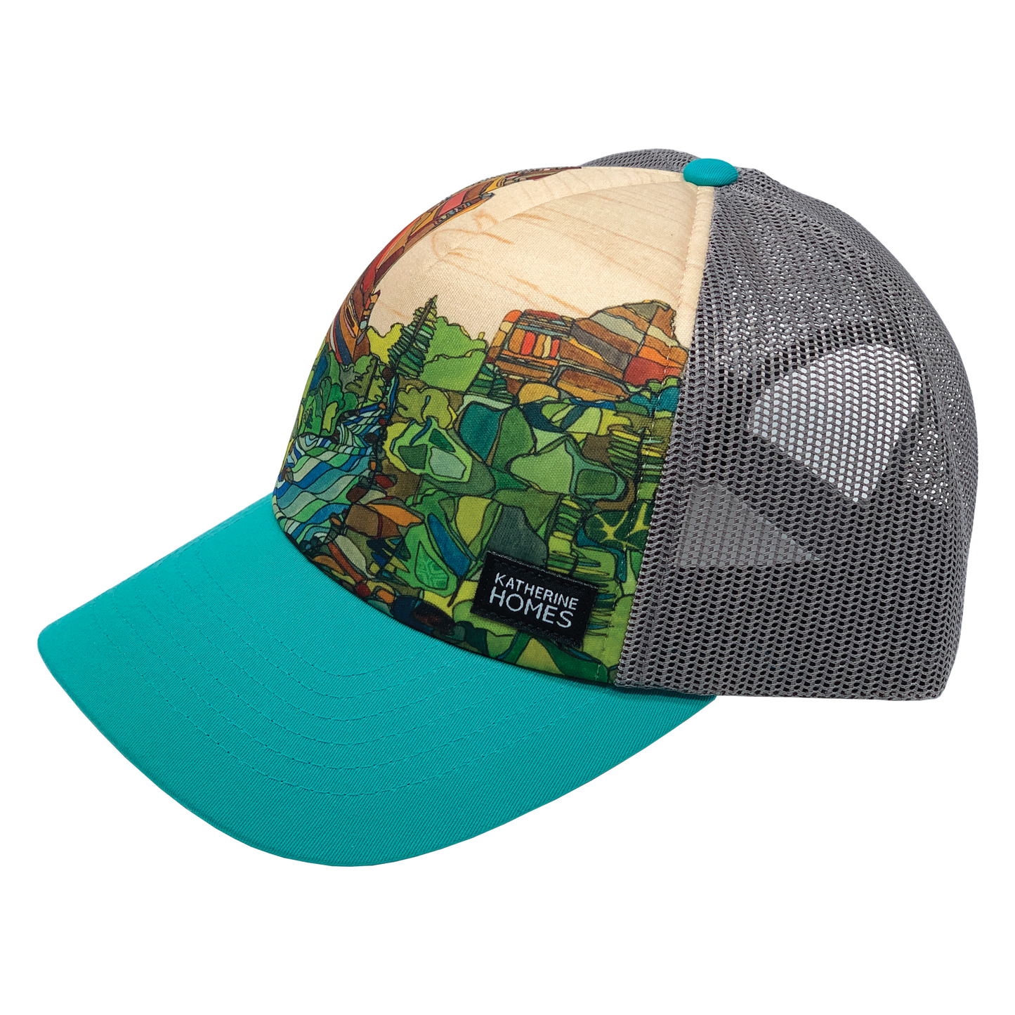 Gray and turquoise Katherine Homes Colorado Eldorado canyon trucker hat, baseball cap, outdoor adventure hat, art