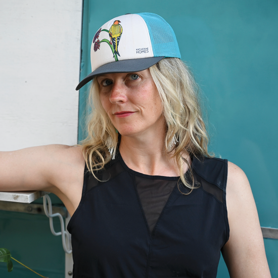 American Goldfinch and Thistle  | Trucker Hat | 100% Grey Twill Brim and Aqua Mesh