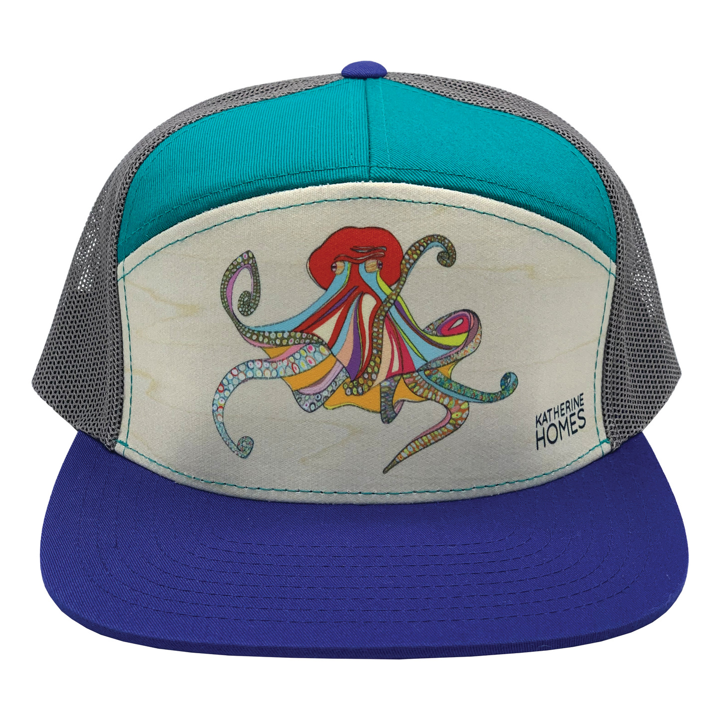 Giant Pacific Octopus | 7 Panel Hat | Purple, Teal 100% Recycled Grey Mesh