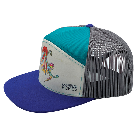Giant Pacific Octopus | 7 Panel Hat | Purple, Teal 100% Recycled Grey Mesh
