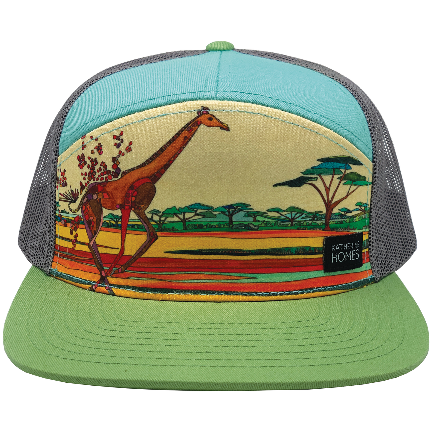 A baseball, trucker, hat, grey, turquoise, green,  recycled materials, flat brim, Giraffe in Africa, endangered species, art by Katherine Homes
