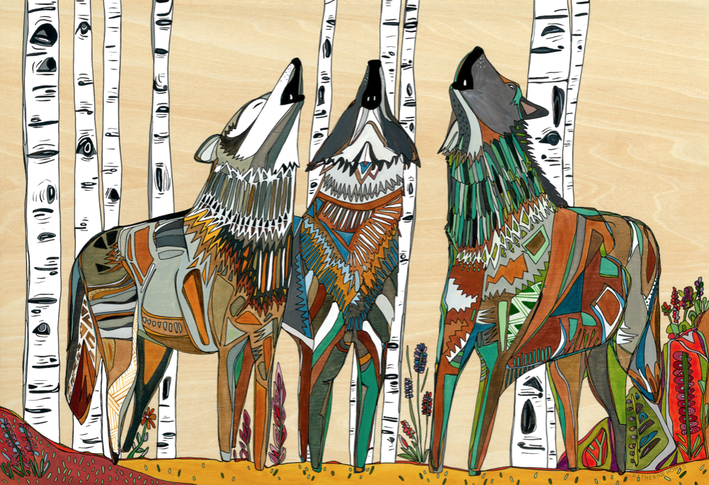 Grey Wolves Print by Katherine Homes fine art reproduction, watercolor, aspen trees, wolf, animals, conservation art