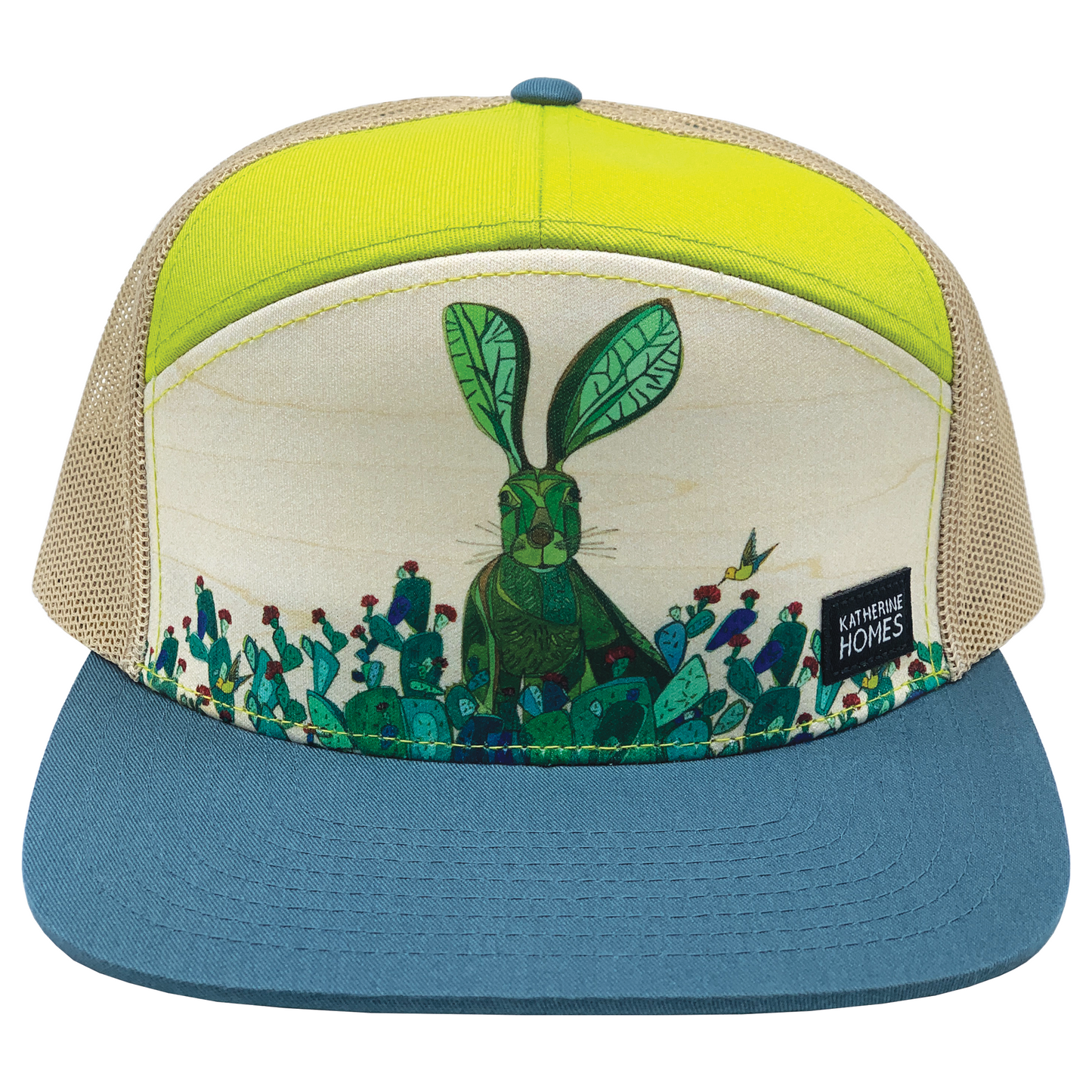 Katherine Homes Jackrabbit hat with hummingbird and cacti, desert animals, wildlife conservation, bunny rabbit, cactus, blue green