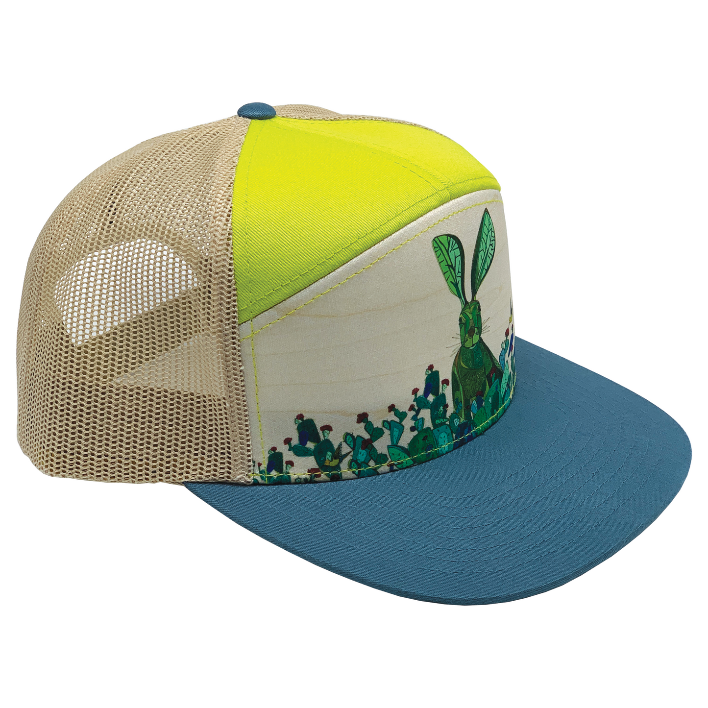 bright colors, animal hat, jackrabbit, cactus, hummingbird, nature, colorful fun cap, baseball cap, structured, snapback