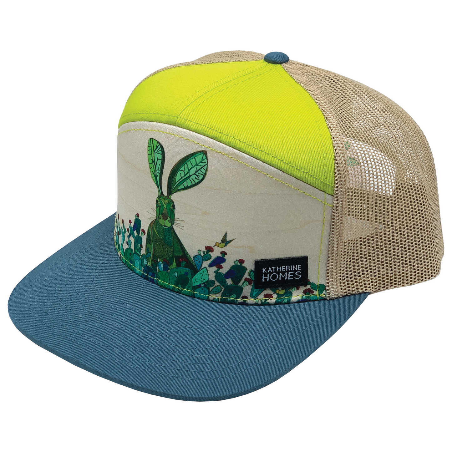 Jackrabbit and Cacti hat by Colorado artist Katherine Homes, animal design, bird, stone, lime, oat, recycled mesh