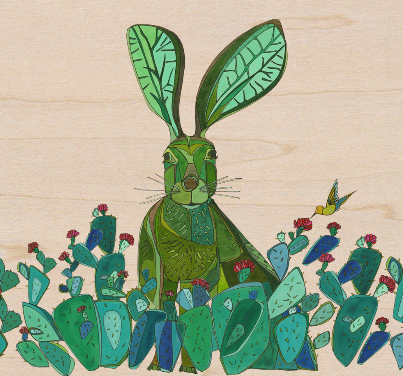Original watercolor and ink painting on birch by Colorado artist Katherine Homes featuring jackrabbit, cacti and hummingbird