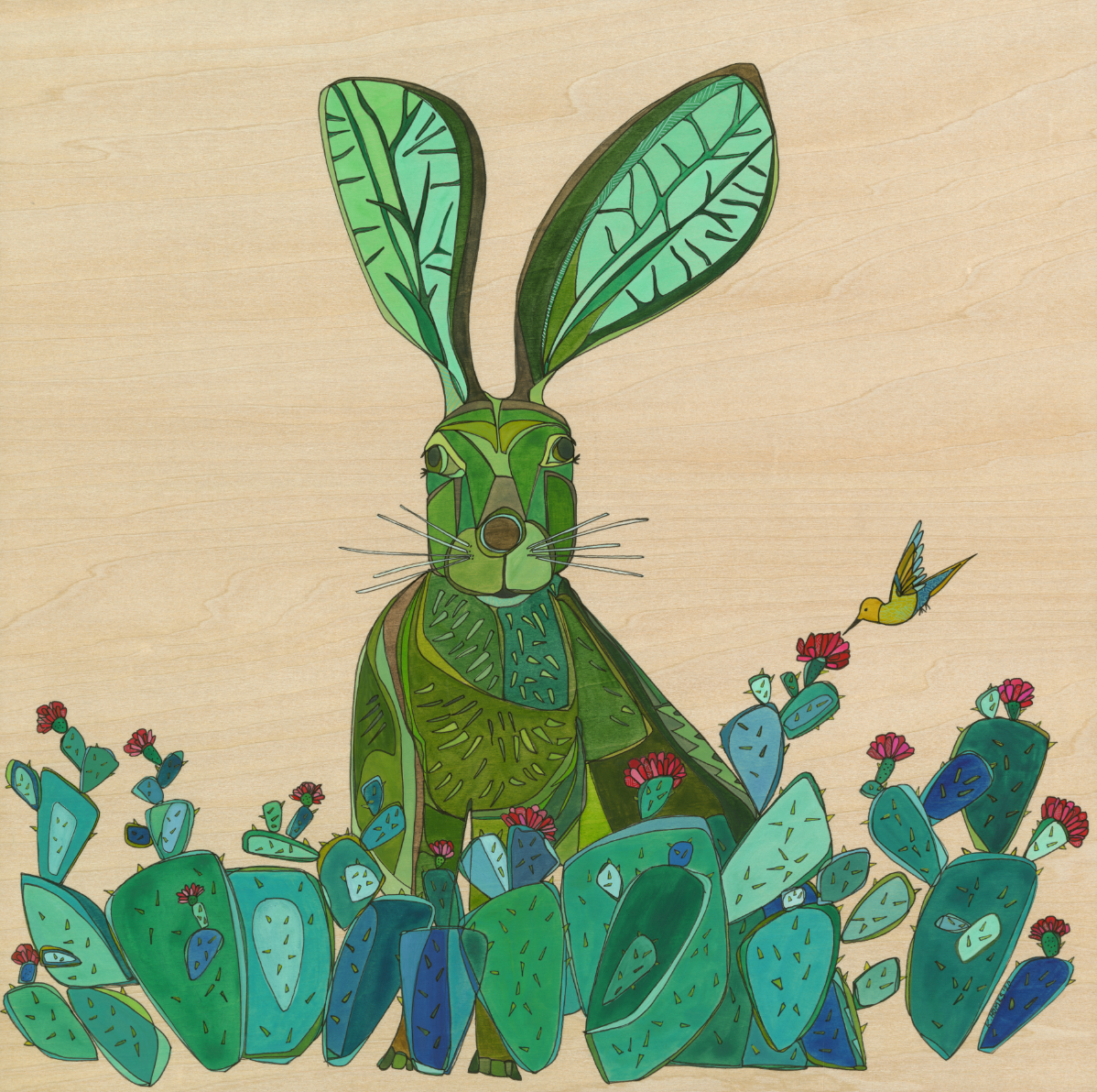 Katherine Homes Jackrabbit print, cactus, cacti, animals, wildlife, desert, southwest, hummingbird, watercolor