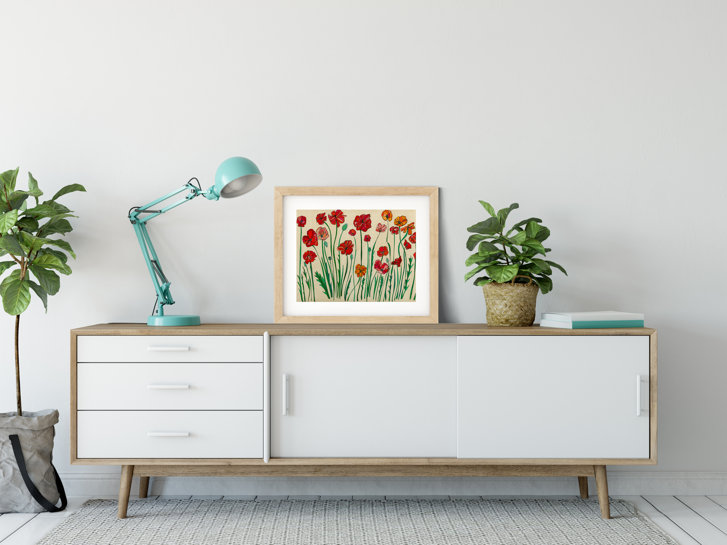 A colorful artistic print of red and orange poppy flowers with green stems on a beige background, design by Katherine Homes