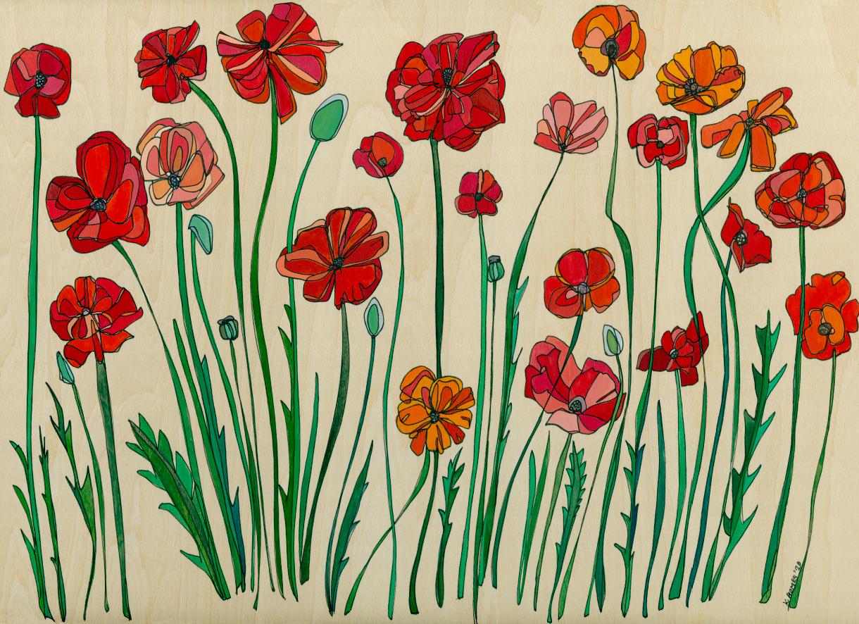 Katherine Homes Poppies painting, watercolor and ink on birch, flowers, red, orange, green